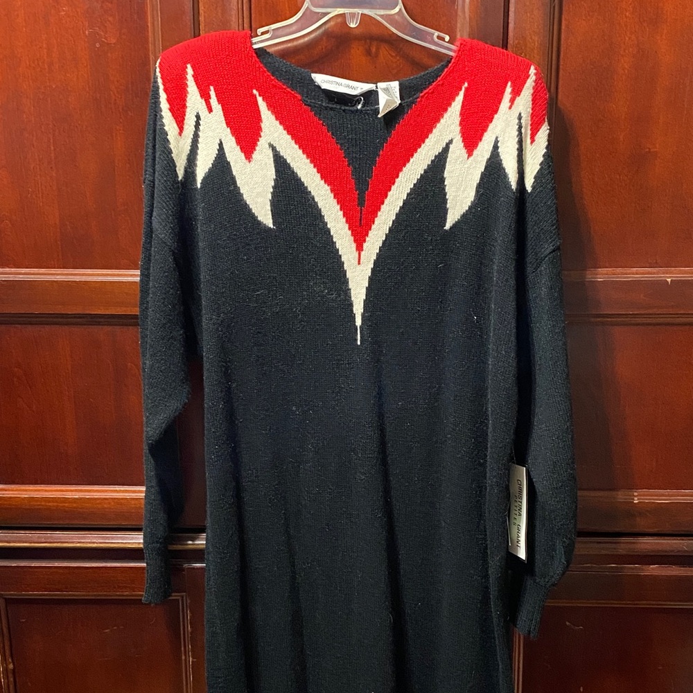 Christina Grant II Vintage Black Sweater Dress with Red and White Design plus 3X